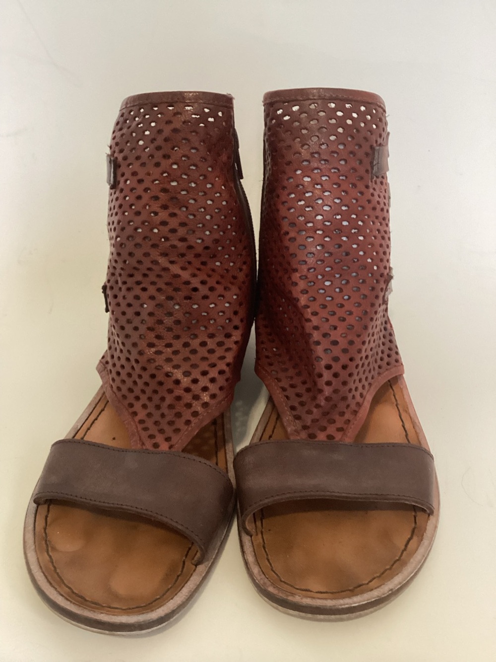 Free People Brown Perforated Leather Zip  Sandals Size 10